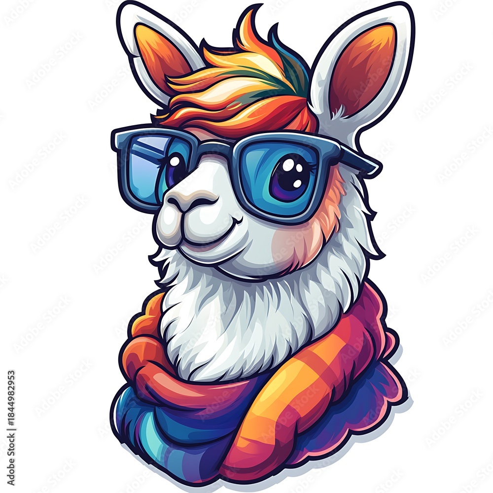 Obraz premium Hipster llama wearing glasses and a colorful scarf alpaca animal photo