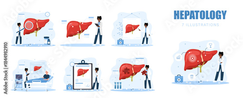 Digestive system disease set. Hepatologist consultation with medical test and treatment. Vector hospital scene.
