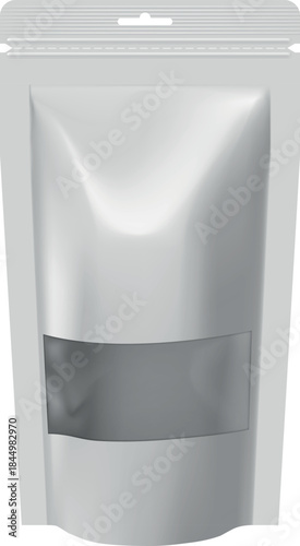 White zip bag, paper bag with transparent insert window vector 3D mockup design, realistic closed empty pouch package