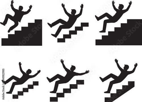 Set of six falling person silhouettes on stairs silhouette
