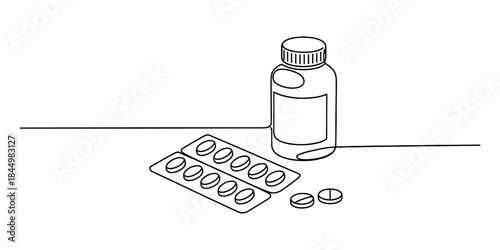 A minimalist single continuous line drawing of a prescription medicine bottle and blister packs of pills Vector, illustration