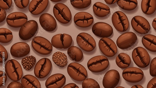 Close up overhead view of roasted coffee beans scattered across a textured beige background