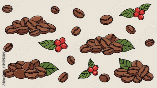Seamless pattern of roasted coffee beans and red coffee cherries with green leaves on a light beige background