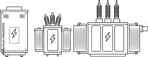 Line Art Illustration of Electrical Transformers with Lightning Bolt Symbols