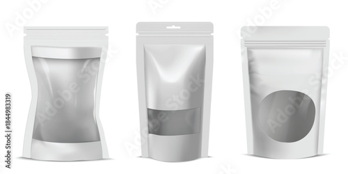 White zip bag, paper bag with transparent insert window 3D mockup design vector set, realistic close empty pouch package