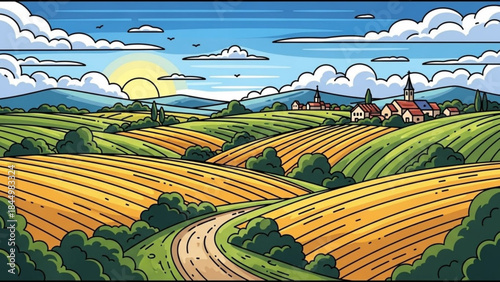 Idyllic countryside landscape with rolling hills, golden wheat fields, green pastures, and a quaint village