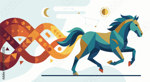 "Majestic zodiac horse in mid-run, trailing ribbon shapes behind it, modern flat vector illustration with geometric forms"w