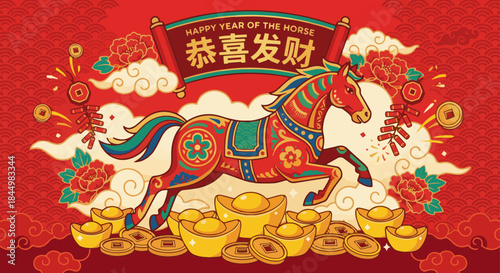 "Zodiac horse leaping over golden ingots and lucky coins, vibrant vector colors, celebratory Chinese New Year theme"