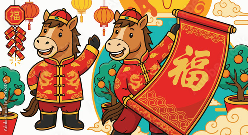 "Horse character dressed in traditional Chinese New Year outfit, waving ‘Fu’ banner, clean vector style with bright festive details"