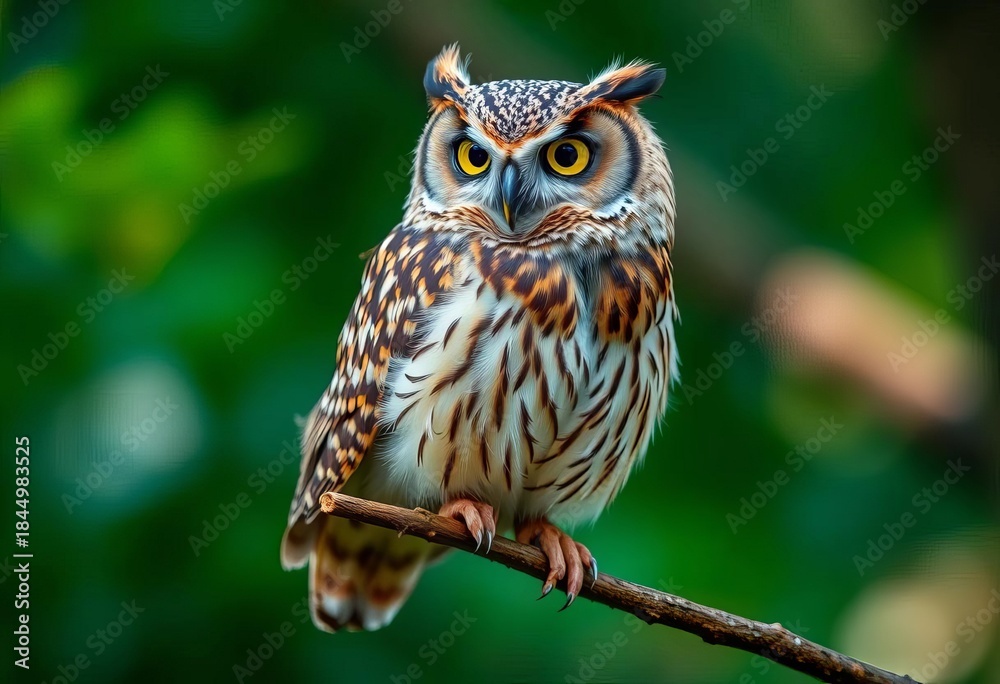 Obraz premium A wise owl perches on a branch, its gaze and posture clearly indicating a specific direction with an intelligent, focused expression, owl, powerful