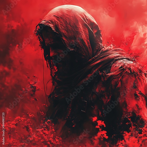 Hooded Figure in Red Rags Amidst Red Flowers and Smoke person cloaked photo