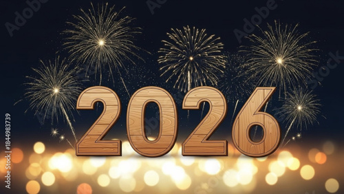 New year 2026 celebration with gold numbers and fireworks at night