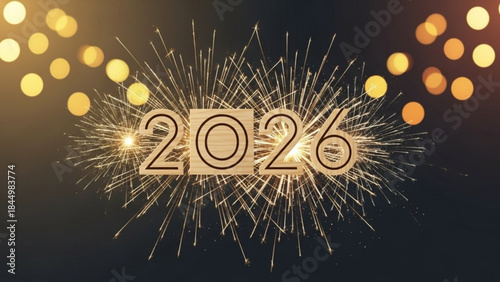 Glowing gold 2026 new year celebration with sparklers and bokeh lights on dark background for festive events
