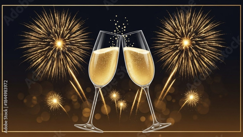 Two champagne glasses clinking with fireworks exploding in dark night background celebrating