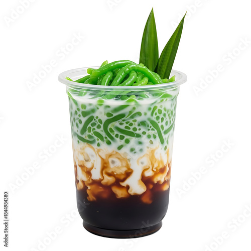 Refreshing cendol dessert in a plastic cup with palm sugar syrup isolated on transparent background, png
