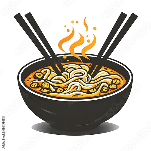 Hot Steaming Bowl of Noodles with Chopsticks on photo White Background ramen soup