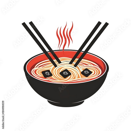 Hot steaming bowl of ramen noodles with chopsticks and decorative elements food asian photo