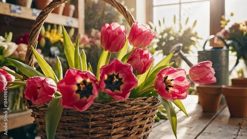 Wallpaper Mural Close-up of vibrant red tulips in a wicker basket, with other flowers and a watering can in background Torontodigital.ca