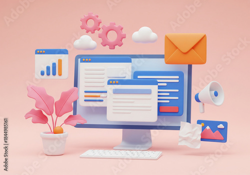 Digital marketing and web development concept: 3D desktop with analytics, email, and cloud