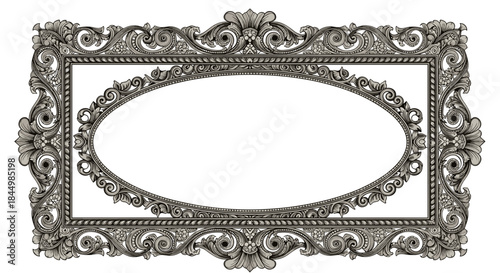 Ornate vintage decorative frame with elaborate scrollwork and an oval inner panel designed to showcase classical art or elegant invitations with timeless charm.