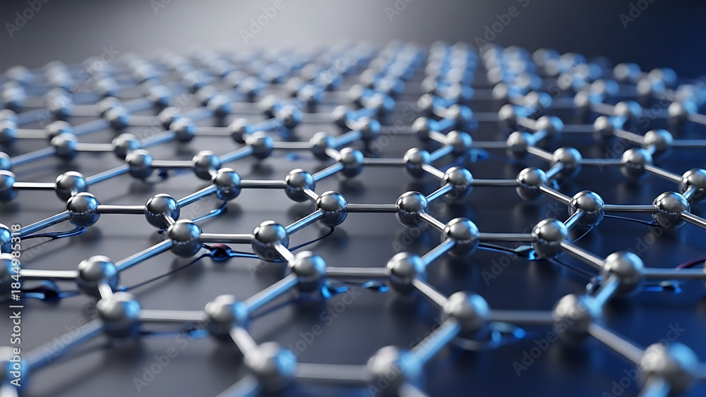 Obraz premium 3D rendering of graphene molecular structure with silver atoms and bonds on dark blue background
