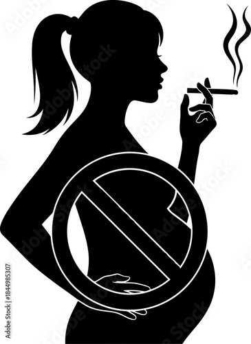 Pregnant woman smoking with no smoking sign pregnant.
