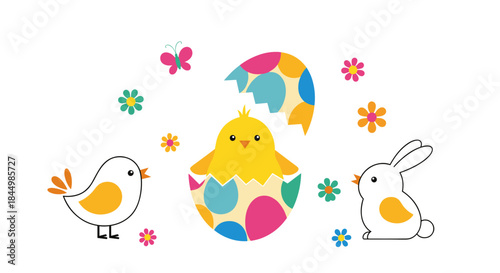 Cheerful spring scene features a bright chick inside a colorful broken egg surrounded by a bunny a bird a butterfly and blooming flowers.
