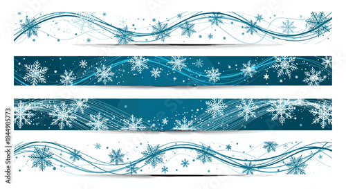 Four blue winter banners showcase flowing lines and delicate snowflakes in varying sizes and create a cohesive border design for festive digital or print use.