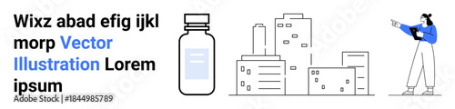 Medical bottle and cityscape with professional figure pointing at buildings. Ideal for healthcare, urban planning, medical advancements, innovation, technology, business, simple landing page