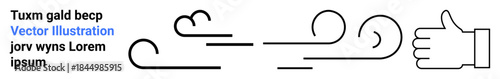 Environmental awareness, weather symbols, motion concepts, minimalism, communication, endorsements. A wind flow pattern leading to a hand giving a thumbs-up. Environmental awareness and motion