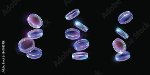 3D holographic glass coins heaps fall, realistic purple iridescent crystals, game token, casino chip vector set on black