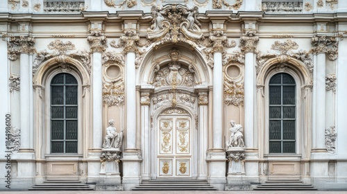 Ornate Baroque palace facade, gilded details, grand arches and statues, symmetrical composition, fine art photography