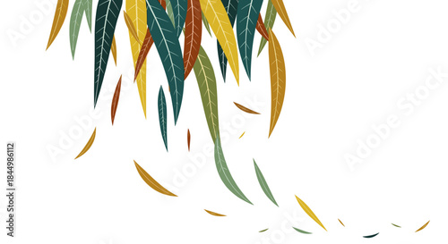 Cascade of multicolored hanging leaves forms a vivid tropical silhouette that drapes across a stark white background with graceful fluid motion and elegance.