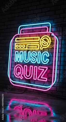 Vibrant neon sign displaying a music quiz prompt glows brightly against a dark brick wall