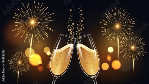 Two champagne glasses clinking together with fireworks exploding in background at night
