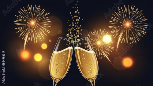 Two champagne glasses clinking together with sparkling fireworks in background at night