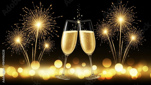 Two champagne glasses clinking together with gold fireworks exploding in the night sky with bokeh lights
