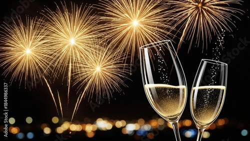 Two champagne glasses clinking together with fireworks exploding in the background at night