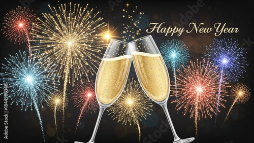 Two champagne glasses clinking together with vibrant fireworks exploding in the background on a black night