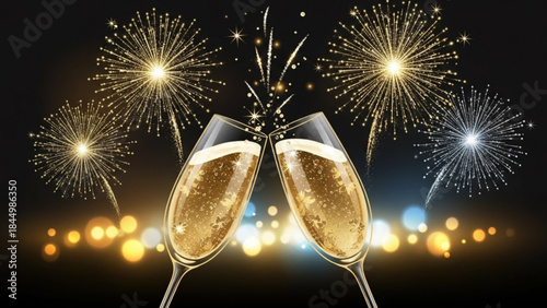 Two champagne glasses clinking together with fireworks exploding in the background at night