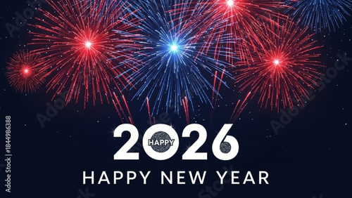 Vibrant fireworks explode in night sky with 2026 happy new year celebration