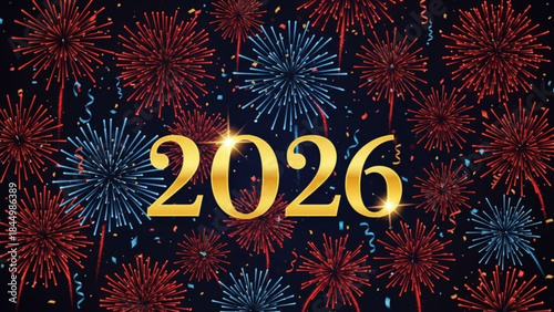 Vibrant fireworks exploding in red, blue, and gold against a dark night sky with shiny gold 2026 text