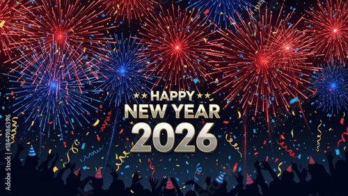 Vibrant fireworks explode in night sky with colorful confetti and happy new year 2026 text on black background