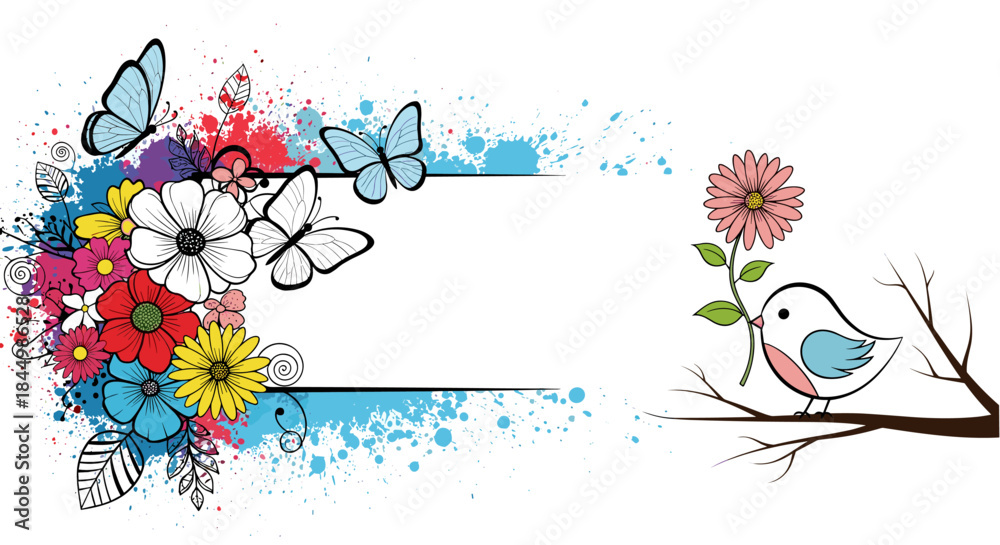 Obraz premium Colorful flower bouquet with butterflies on the left and a small bird perched on a branch on the right beside a pink bloom creating a bright decorative scene.