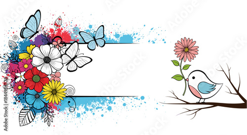 Colorful flower bouquet with butterflies on the left and a small bird perched on a branch on the right beside a pink bloom creating a bright decorative scene.