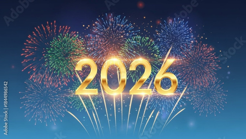 Vibrant fireworks display with glowing gold 2026 text on dark blue night sky background
