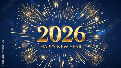 Vibrant 2026 happy new year celebration with sparkling gold fireworks exploding against a dark blue night sky