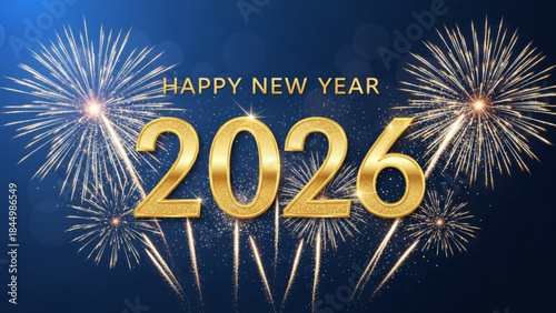 Happy new year 2026 celebration with gold numbers and fireworks display