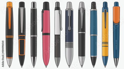 Colorful pen vector illustration set with ballpoint, click, twist and cap pen styles, modern stationery artwork ideal for office supply graphics, educational designs 