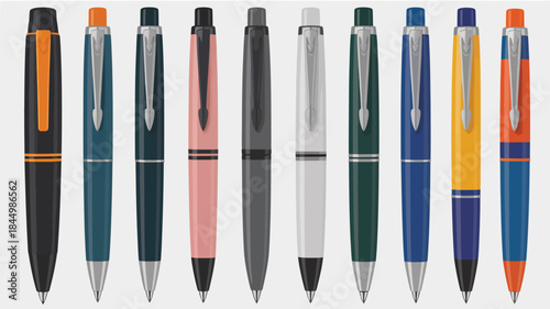 Colorful pen illustration set featuring ballpoint, click, twist and cap styles, clean stationery vector artwork showing modern office supplies and writing tools for design, branding and stock use.